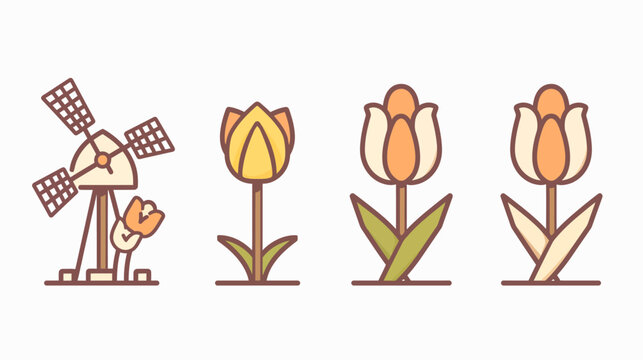 Cute minimalist icons of a windmill and three tulips in peach and yellow color scheme