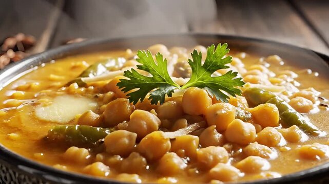 Delicious Chana Masala being served in a bowl with fresh coriander garnish.