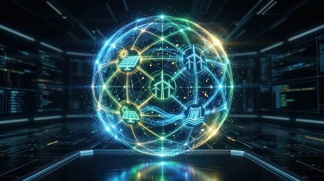 Glowing renewable energy holographic globe with solar wind hydro smart grid network on dark technology banner background