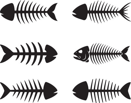 Set of fish skeletons in silhouette style