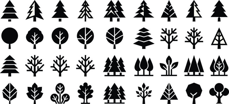Geometric tree icon collection set with minimalist abstract line forest pine leaf and nature plant silhouettes for modern logo design