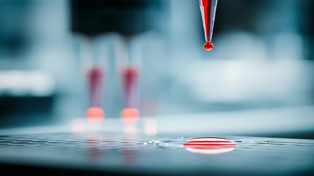 Laboratory pipette carefully dispensing a drop of red liquid onto a medical testing tray, symbolizing scientific research, biotechnology, and healthcare advancements