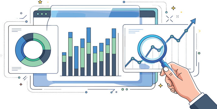 Business data analytics dashboard vector illustration with hand holding magnifier analyzing financial growth charts