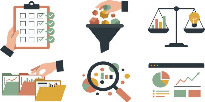 Business data auditing and financial analysis infographic icons vector set with hands organizing statistics