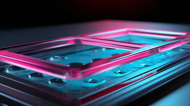 Microfluidic chip technology featuring a complex organ on chip device with various liquid droplets, representing advanced biotechnology and medical research innovation in a lab setting