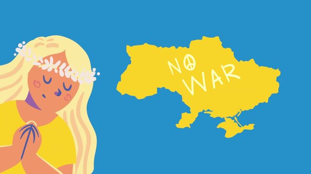 Animation of ukrainian woman praying for peace with yellow map and no war text on blue background.