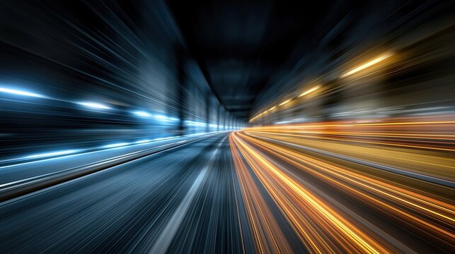 Abstract motion blur tunnel with streaks of light and blue and orange illumination, representing speed and futuristic travel