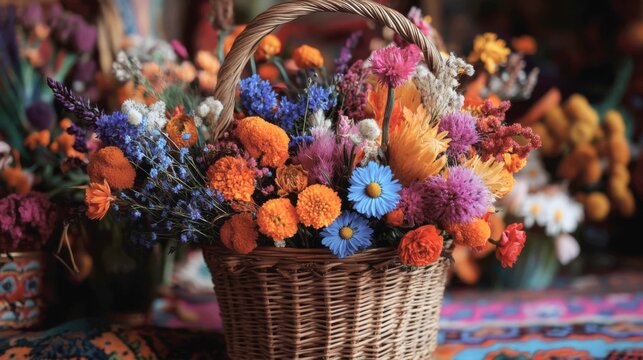 A large wicker basket is overflowing with colorful dried flowers: orange celandias, blue cornflowers, pink clover inflorescences, yellow craspedia