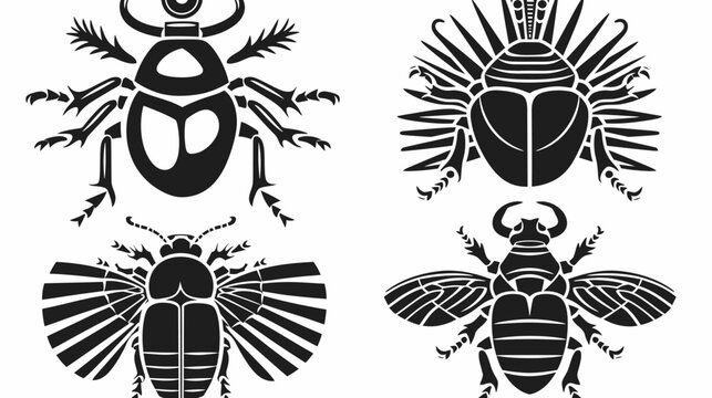 Four black scarab beetle icons on a white background, stylized and symmetrical