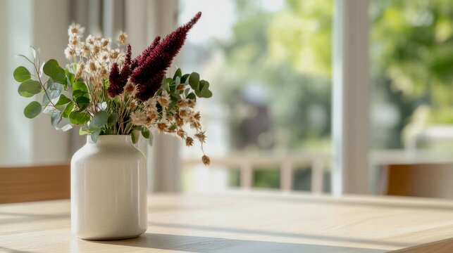 one branch of eucalyptus with seed pods, several stems of panicum (decorative millet) and two or three flowers