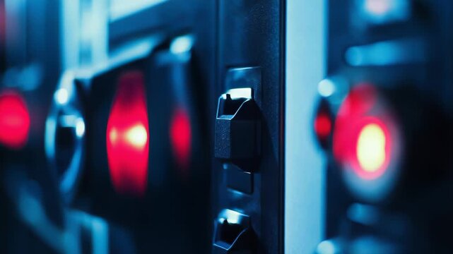 Control panel featuring multiple switches with bright red indicator lights, creating a high tech atmosphere in an industrial or server environment with a blue light tint