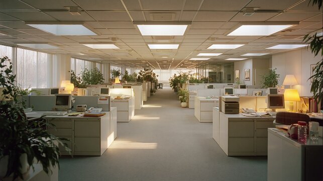 Vintage Open Plan Office Workspace with Natural Light and Cubicles, Evoking Retro Corporate Atmosphere