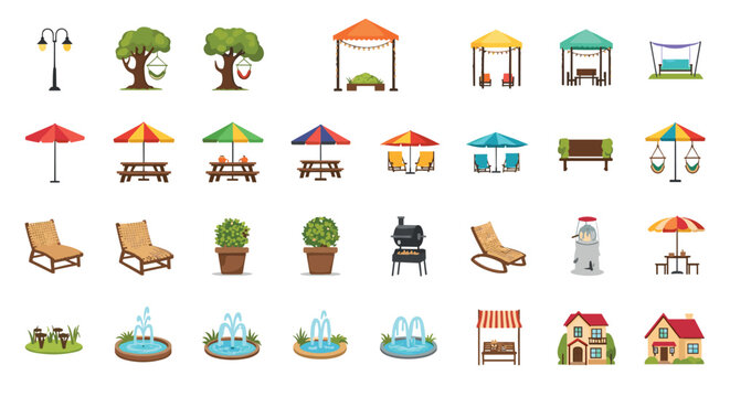 Extensive set of outdoor furniture and garden icons including patio umbrellas, benches, fountains, trees, hammocks, and houses.