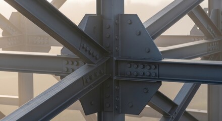 Naklejka premium Steel Bridge Framework Engineering Marvel and Structural Integrity Heavy Metal Construction Showing Strength Industrial Design Connected Beams Urban Infrastructure Detail Gray Tones