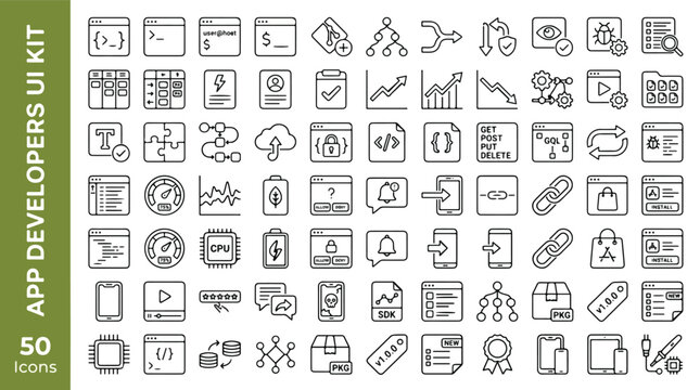 App developer icon set containing coding, programming, mobile app, software, terminal, kit, analytics, api, git, sdk, cpu, ui editable line icons vector illustration