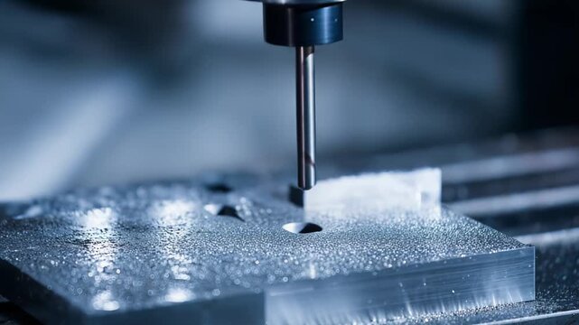 Precision computer numerical control machine is actively performing metalworking on a piece of aluminum, shaping it with a drill bit and coolant in an industrial factory setting