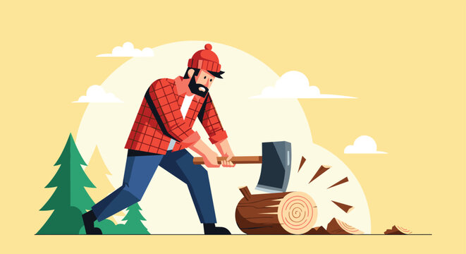 Lumberjack wearing a red plaid shirt and wool hat chopping a wood log with a heavy axe in a forest with pine trees.