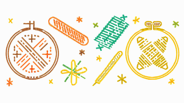 Colorful embroidery pattern with hoops, needles, and thread, sketched in a childlike style