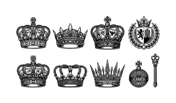 Creative premium royal crown icon pack with decorative king queen identity symbols