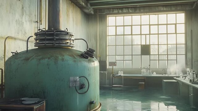 Industrial laboratory interior featuring a large processing vat and chemical apparatus, submerged in murky water with reflections of a large window, creating an eerie abandoned atmosphere
