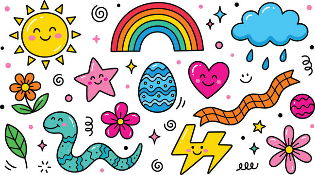 Cute cartoon doodle sticker set featuring happy sun, rainbow, rain cloud, smiling snake, star, and Easter egg characters in a colorful flat vector style.
