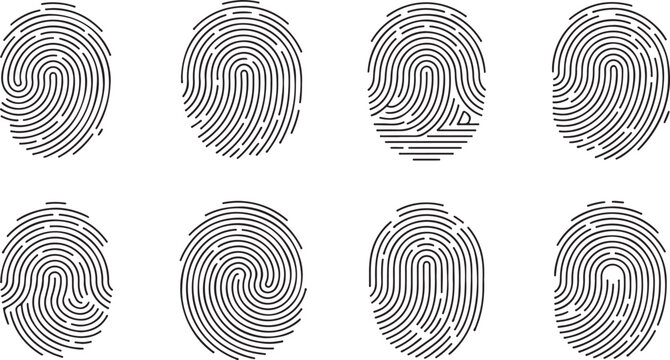 Set of eight different fingerprint patterns, vector illustration of human fingerprints, unique biometric identification marks, forensic evidence icons