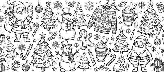Obraz premium Christmas coloring page doodle set featuring Santa Claus, decorated xmas trees, snowman, gingerbread man, ugly winter sweater, and hot cocoa mugs in a detailed black and white line art style.