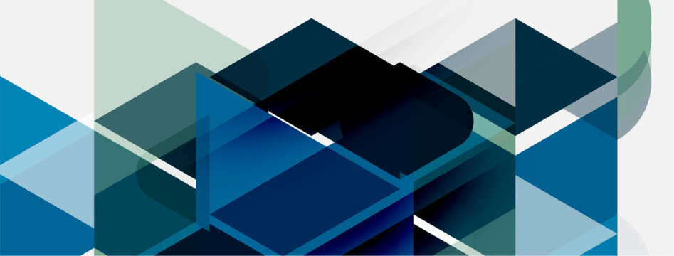 Abstract geometric shapes overlap, creating dynamic blue, gray composition. Minimalist design evokes modern aesthetic.