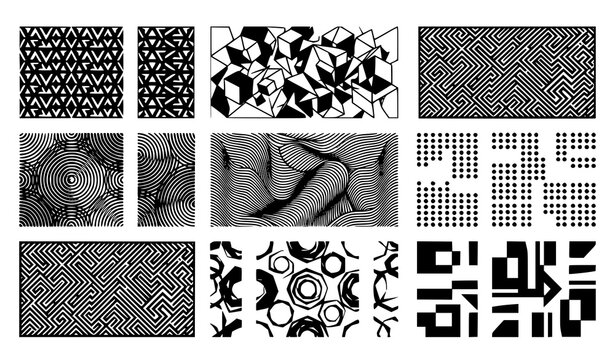 Abstract black and white geometric pattern collection with nine unique minimalist vector style designs