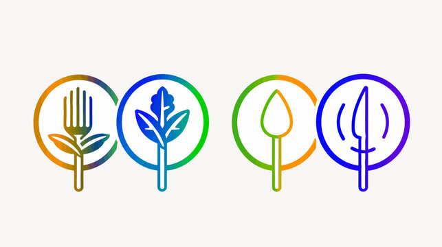 A group of four abstract icons of cutlery and plants in circles, with a colorful gradient