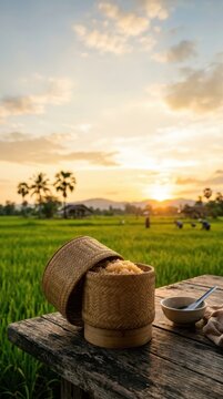 Vertical background of traditional Thai bamboo sticky rice basket on wooden table, blurred green rice field and sunset sky with copy space