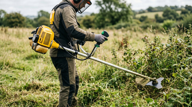 Brushcutter Professional Worker Clearing Overgrown Field with Power Tool