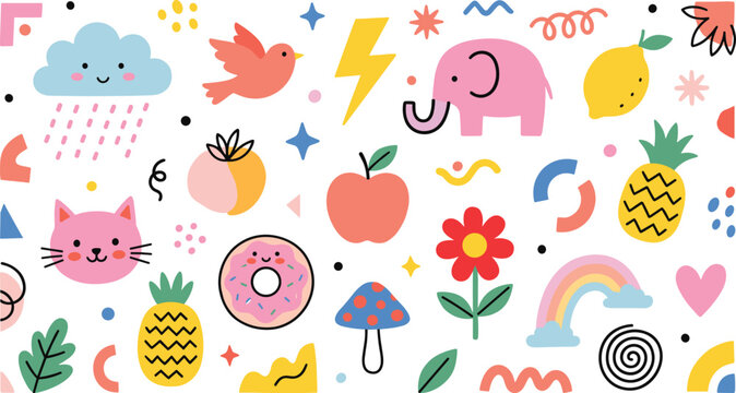 Large set of cute doodle vector elements for kids featuring elephant, cat face, happy rain cloud, rainbow, donut, and fruit icons in a pastel Scandinavian style.