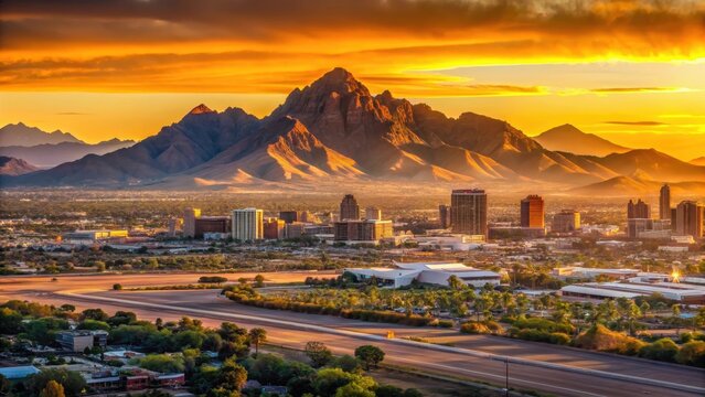 A photo of Phoenixs skyline at sunset, with Camelback Mountain in the background, illuminated by golden hues, towering structures silhouetted against