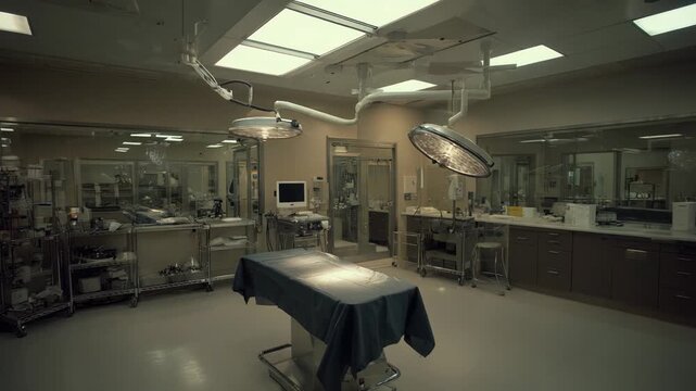 Empty modern operating room with bright surgical lights, sterile equipment and surgical table ready for procedure in a clean hospital environment, no people present