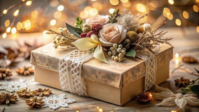 A photo of an elegant gift box adorned with dried flowers and natural decorations, featuring intricate lace trim and a minimalist design The exterior