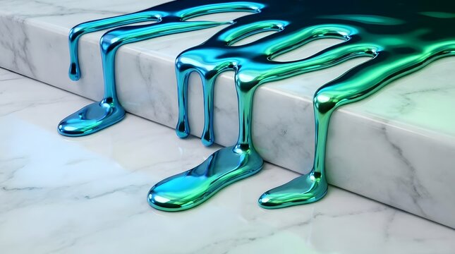 Iridescent green and blue liquid metal flows down a white marble staircase step edge.