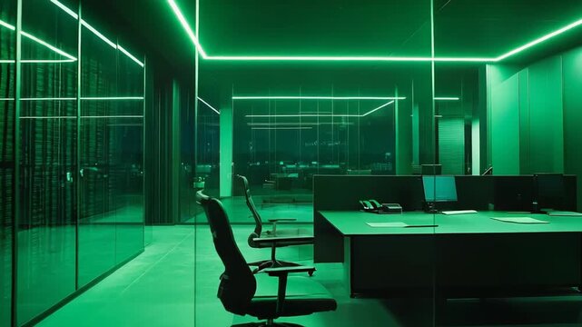 Empty modern office space illuminated by vibrant neon green lights, featuring glass walls, data servers, and sleek desks, creating a secure, technological, and efficient environment