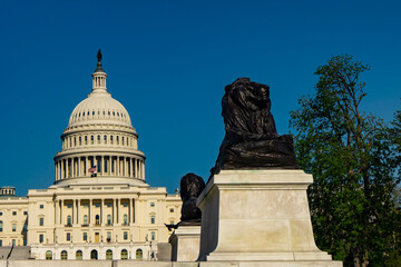 Naklejka premium DC Capitol stands under blue sky. DC landmark shows government authority. DC architecture reflects national history. DC city includes federal buildings.