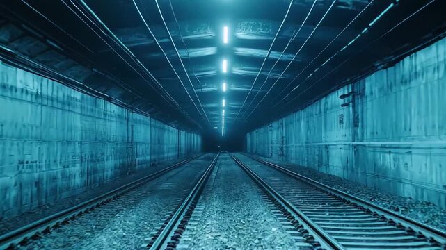 Illuminated subway tunnel stretching into the distance with parallel train tracks and concrete walls, creating a deep perspective and sense of urban infrastructure