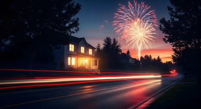 Suburban house with fireworks and light trails at dusk fourth of july celebration.