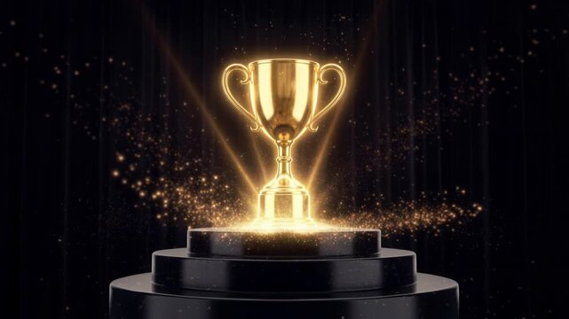 Single golden trophy atop grand podium, radiant rays and sparkling particles, victory and achievement concept, 4K video