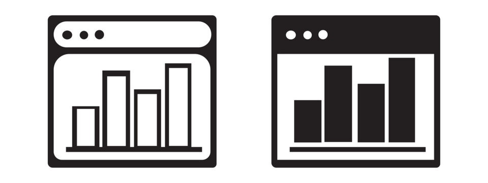 Browser window with bar chart icons light and dark versions web page analysis