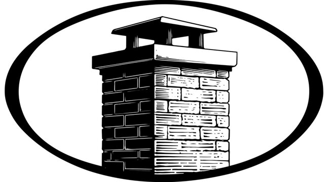 Stylized, black and white image of a brick chimney within an oval border