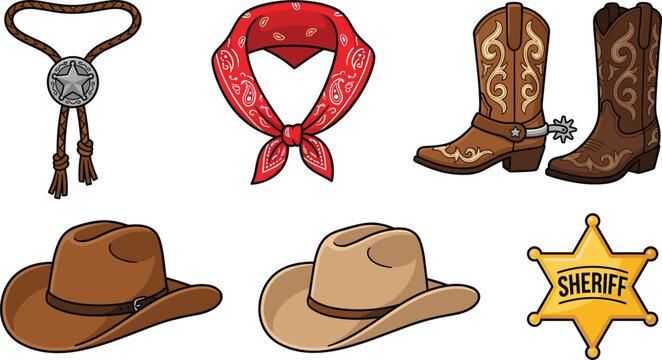 Wild West cowboy accessory vector set featuring leather boots with spurs, brown stetson hats, red paisley bandana, bolo tie, and gold sheriff badge star.