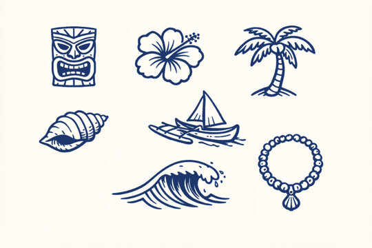 Vintage Polynesian tropical icons set, blue hand drawn tiki and ocean elements, 7 nautical beach vector illustrations for summer branding and apparel