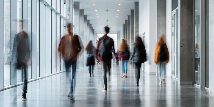 Blurry motion of diverse students walking down a modern university hallway with large windows