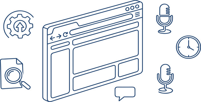 Web browser layout template with isometric workflow optimization research and podcast media concept icons vector