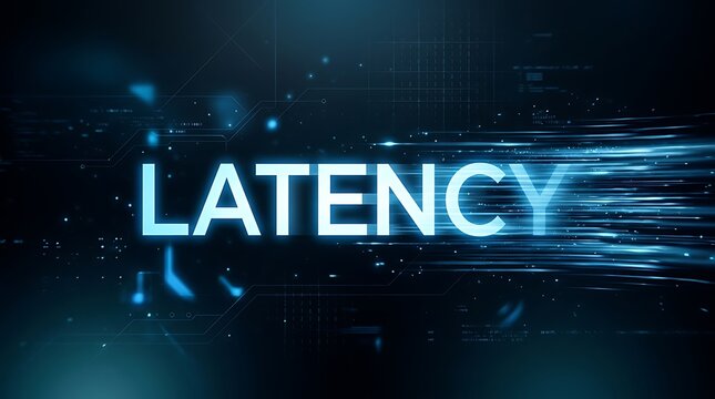 Digital latency concept with bright blue glowing text and light trails internet connection computer