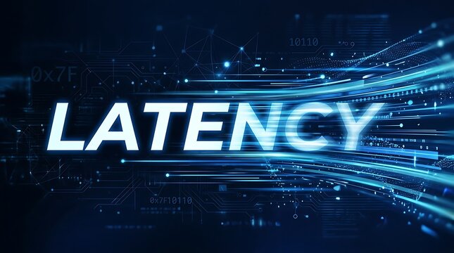 Digital latency concept with bright blue glowing text and light streaks internet connection computer